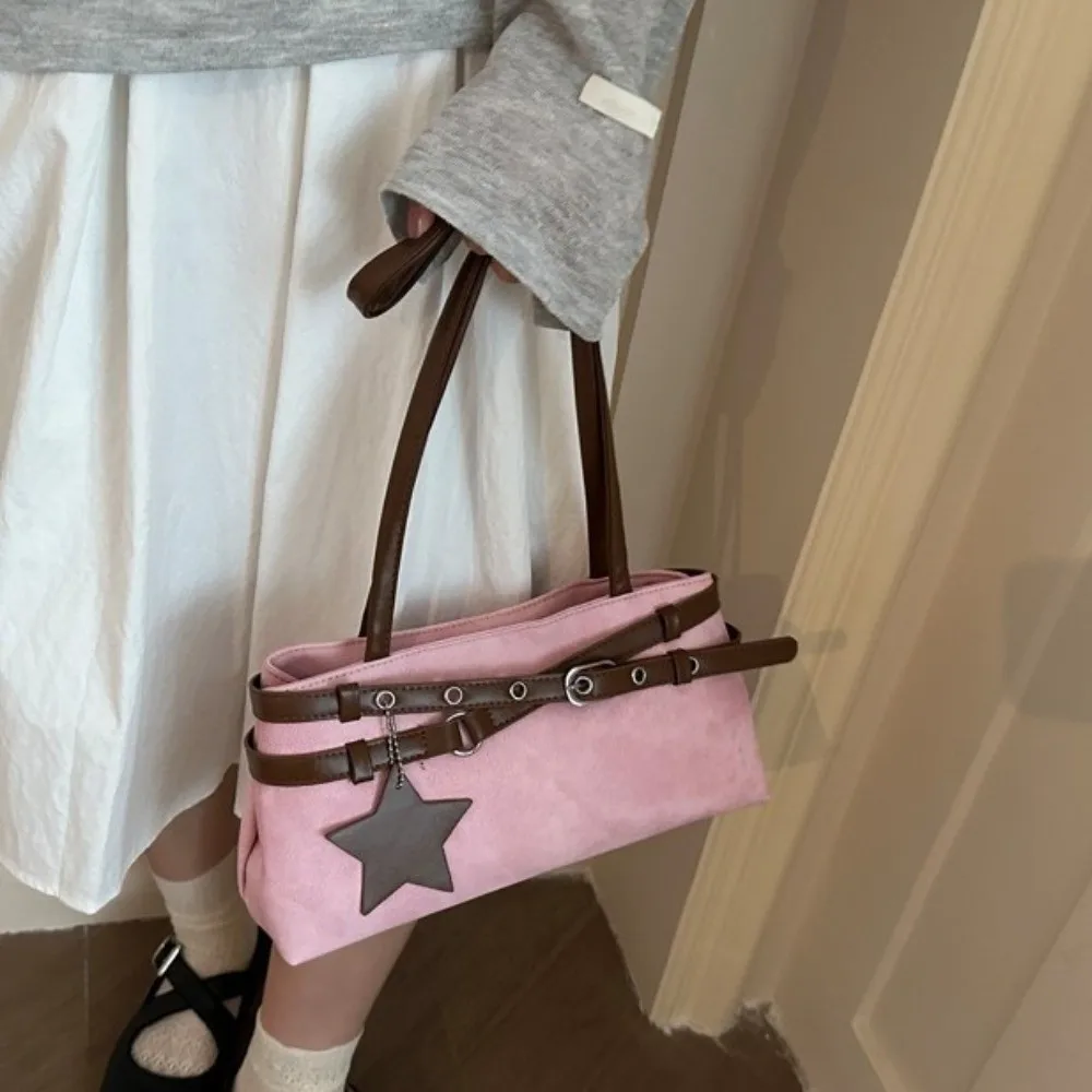 Cute Tie-Dye Y2K Shoulder Bag With Metal Buckle Belt Star Pendant Women Handbag PU Leather Large Capacity Underarm Bag Daily
