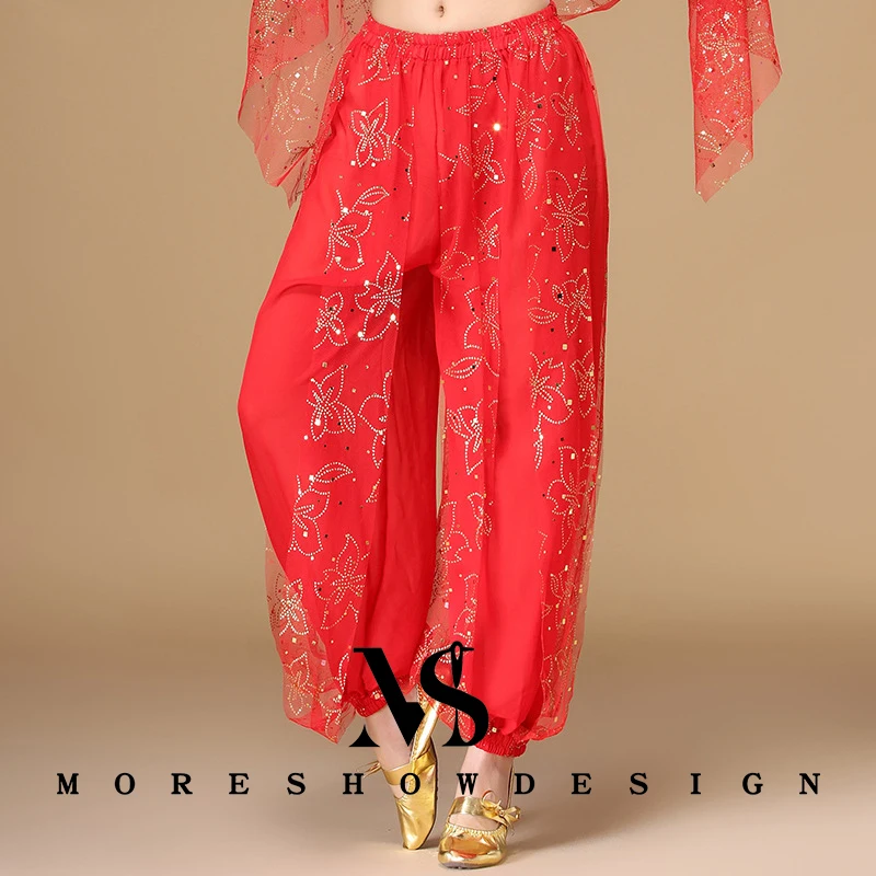 Pantaloni di danza del ventre per performance di danza del ventre Pantaloni di chiffon per le donne Garza di fiori Costume da spettacolo di danza indiana femminile