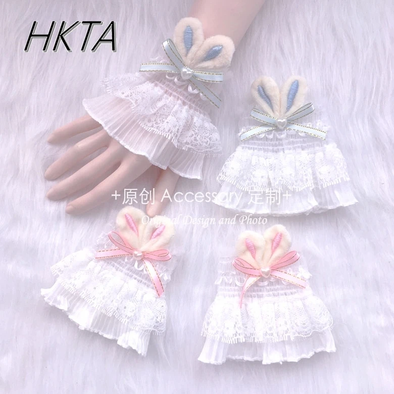 Lolita Girl Sweet Pink Blue Rabbit Ear Lace Hand Sleeve Kawaii Bow Gloves Lace Girl Sweet Wrist Guard Halloween Hand Sleeve