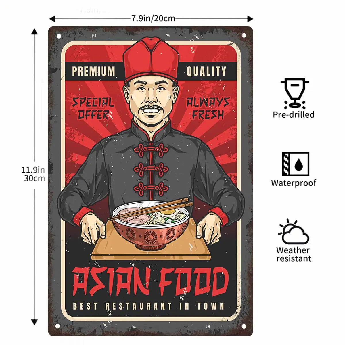2D FLAT 1pc Retro Asian Food Chef Metal Wall Sign Decoration for Home Cafe Kitchen Restaurant Bar And Dining Room