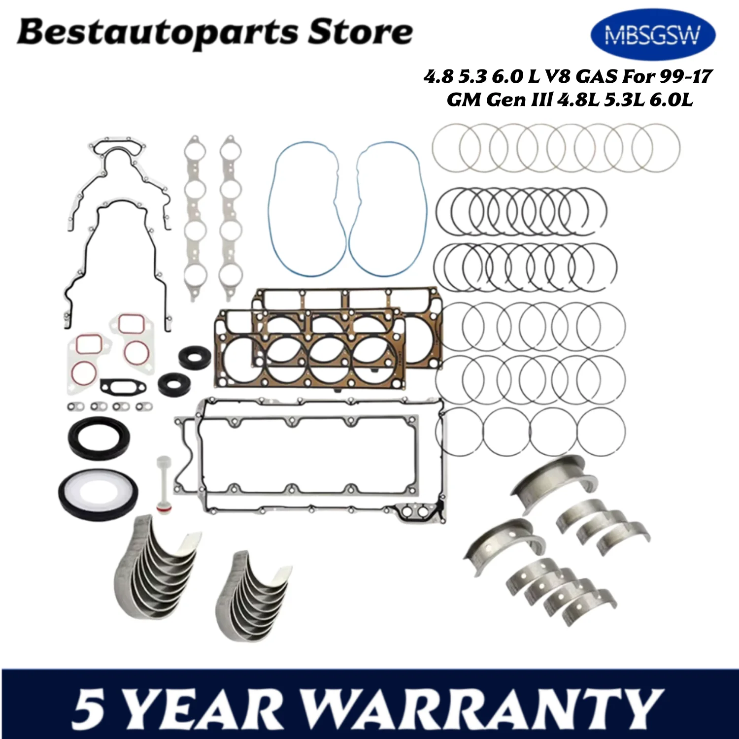Engine Rebuild Kit Full Gasket Piston Rings Mian ConRod Bearing Set Fit 4.8 5.3 6.0 L V8 GAS For 99-17 GM Gen IIl 4.8L 5.3L 6.0L