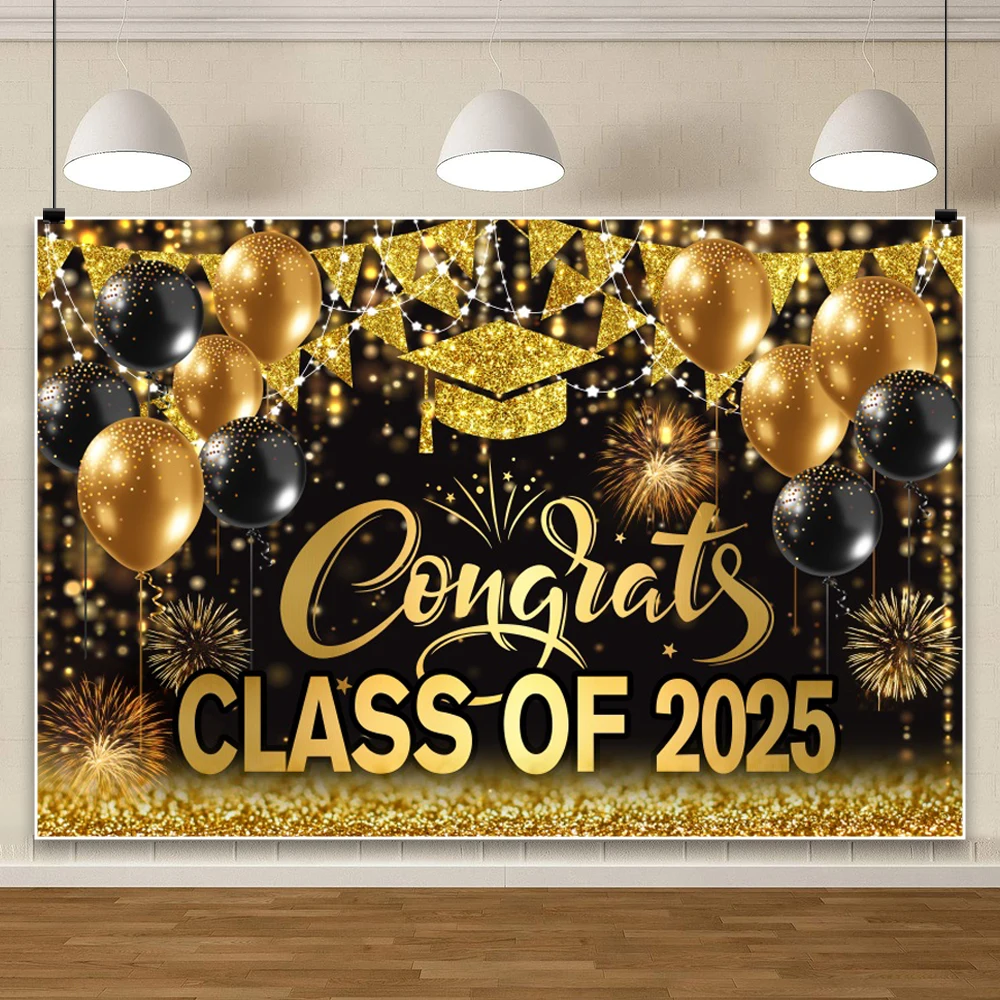 Congrats Grad ClassCongrats Grad Prom Party Portrait Photo Studio  Of 2025 Backdrop Black Gold Glitter Balloon Scholar Hat