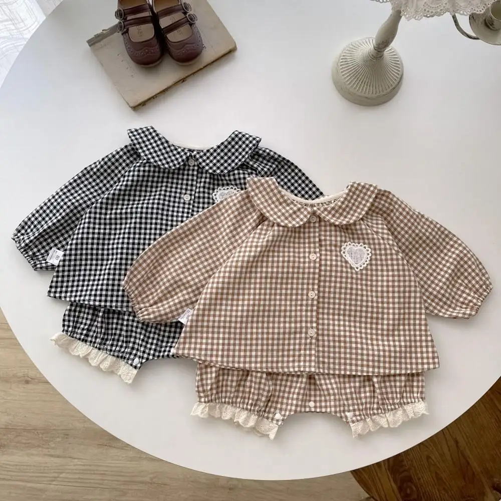 2024 Cute Girls\' Set Plaid Long Sleeves Love Top Fashion Shorts Baby Girls Classic Suit Casual Korean Newborn Boutique Clothing