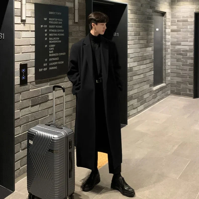 Woolen Coat Male Autumn/Winter 2022 New Woolen Coat Extended Over the Knee Handsome Trench Coat Korean Cashmere Coat Solid Color