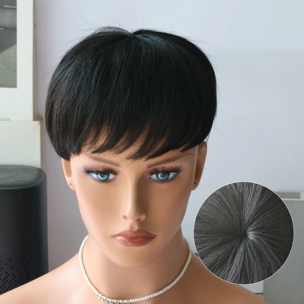 Men\'s short top black synthetic wig, easy to clip in, stylish design for balding and thinning hair types