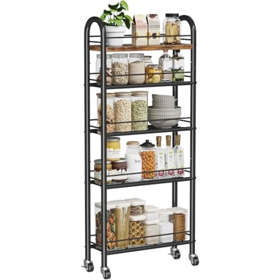 

Slim Rolling Storage Cart 5 Tier Narrow Utility Cart with Metal Frame and Wooden Top Bathroom Storage Organizer Shelving Unit f