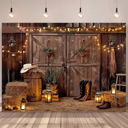 Country Western Cowboy Party Background-banner,with barn and haystack design,suitable for birthday celebrations and photo booths