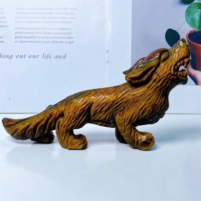 15CM Natural Tiger Eye Stone Wolf Crystal Animal Carving Crafts Powerful Animal Decorative Ornaments Birthday Present 1pcs