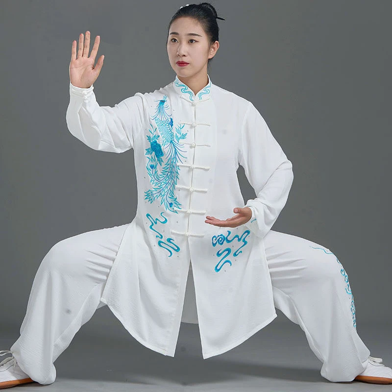 Custom White Phoenix Dance Tai Chi Suit, Lightweight Embroidered Tencel Linen for Spring/Summer Practice