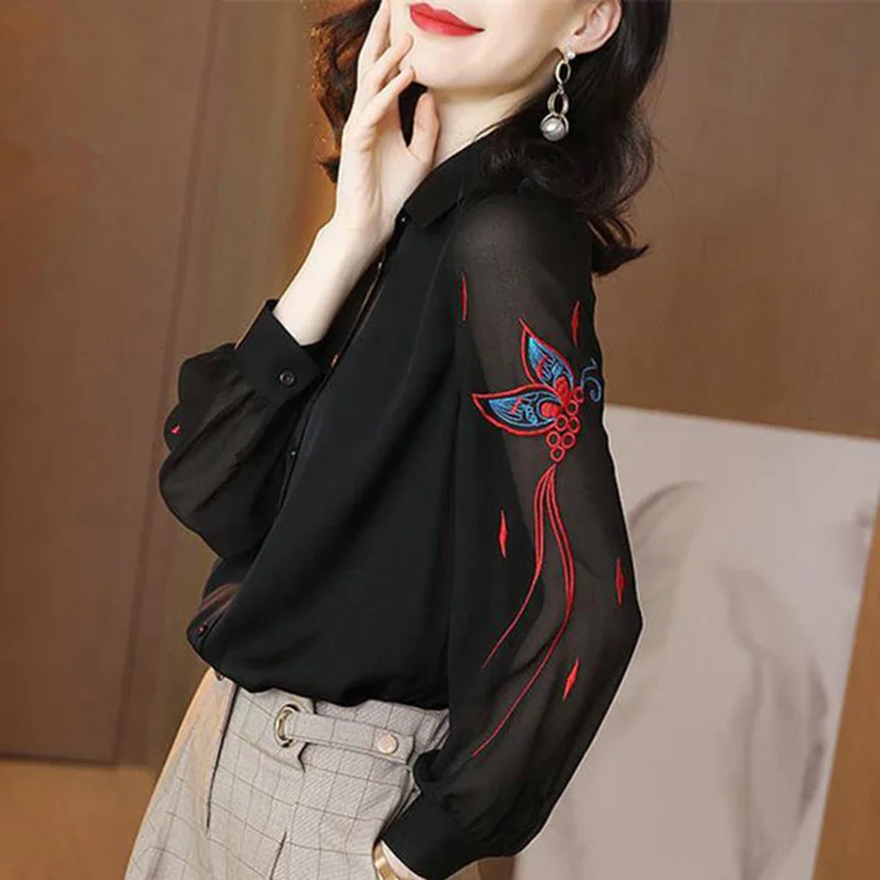 

Elegant Lapel Button All-match Embroidery Shirt Women's Clothing 2023 Autumn New Loose Casual Tops Office Lady Chiffon Blouse