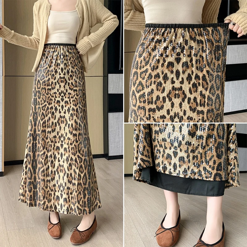 

Autumn winter Sequined Leopard Skirt women Vintage slim High Waisted Evening Party Long skirt Skirt