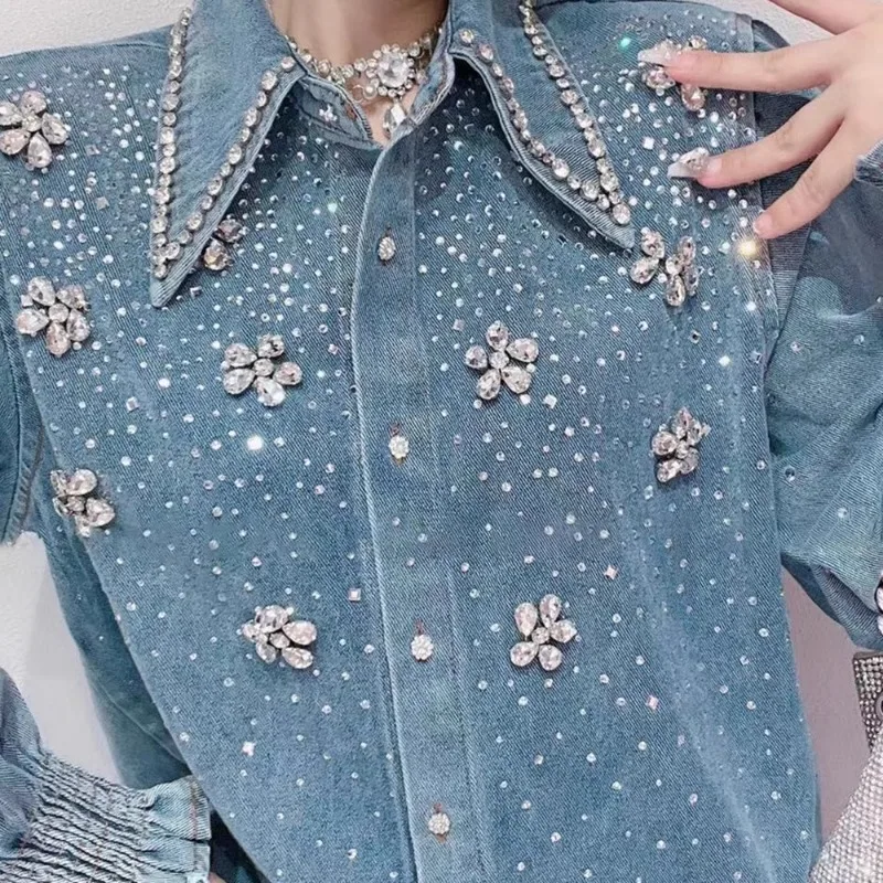 Chic Women Diamonds Beaded Flowers Denim Blouses Rhinestones Jeans Shirts Sequined Cardigan Crystal Outwear Drilling Tops Blusas