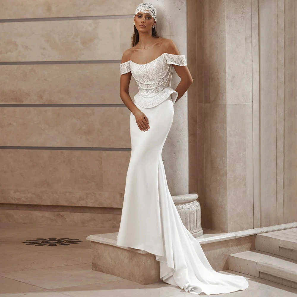 Vintage Lace Peplum Corset Mermaid Wedding Dress Customized Jersey Lace Up Back Off the Shoulder with Pearls Bridal Gowns