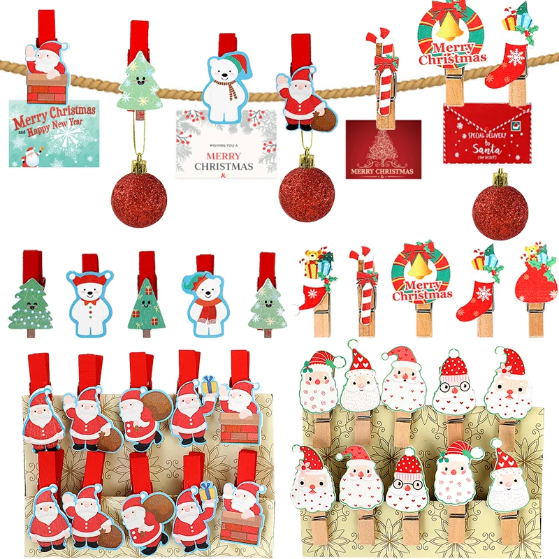 10pcs Christmas Wood Clips Christmas Tree Photo Clips Elk Snowman Clothespins DIY Photo Pegs For Christmas Decoration New Year