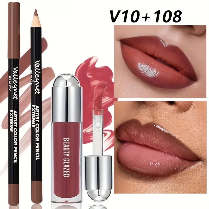 Set di 2 lucidalabbra e matite per labbra, olio per labbra con bellezza a lunga durata, lucidalabbra opaco, rossetto opaco, set di matite per labbra quotidiano