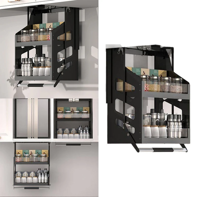 Lift System Kitchen Cabinet Food Elevator Dish With Reinforced Double Tier Pull Down Glass Storage Basket Cupboard