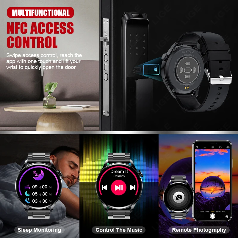 LIGE NFC Access Control Smart Watch Men Bluetooth Call Sport Fitness Men\'s Wristwatch Heart Rate Monitor Waterproof Smartwatch