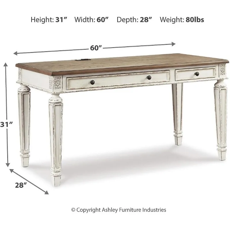 60" Home Office Desk with USB Charging, Chipped White,Designed with 2 smooth-gliding dovetail drawers, 1 drop-down drawer front