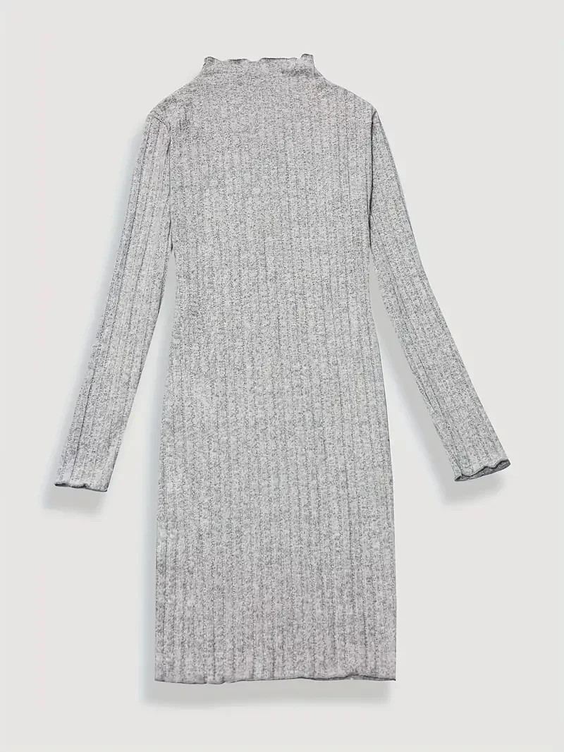 

Однотонное Ребристое платье с круглым вырезом, элегантное облегающее платье с длинным рукавом и отделкой салата, женская одежда