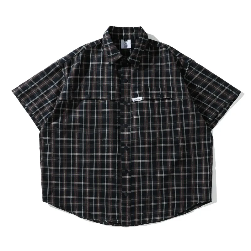 

Oversized Plaid Short Sleeve Shirts For Men Japanese Streetwear Loose Fit Button Down Casual Shirt With Chest Pocket