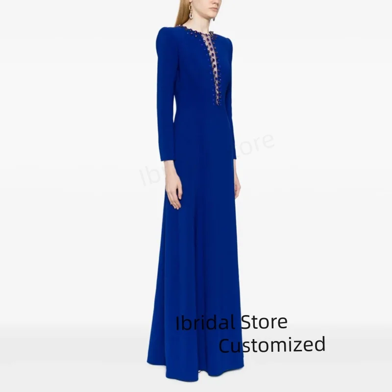 Vestido de noche elegante personalizado, vestidos de fiesta de boda con cuello en V profundo de cristal, vestido de noche Formal de sirena de manga larga para mujer