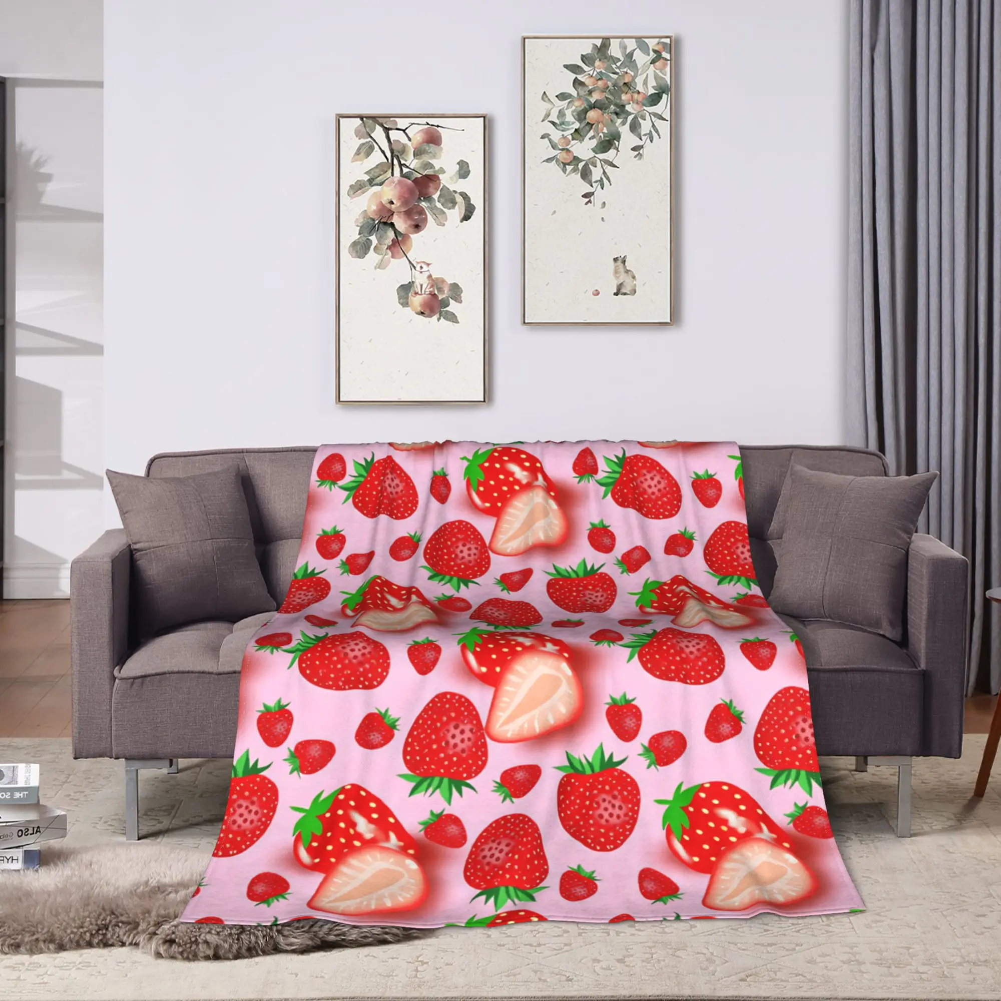 Strawberry Seamless Pattern Pink Background With Sliced Fruit Flannel Blankets Girls  Warm Comfy Throw Blanket Sofa Bed Cover