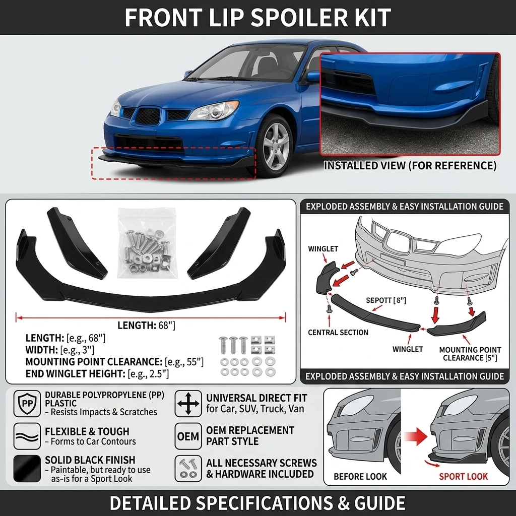 Universal Front Bumper Lip Polypropylene PP Plastic Durable Solid Black Set For Car SUV Truck Van Auto Replacement Front Lip Spoiler Splitter Spoiler Body Kit Direct Fit Easy Install Car Accessories Auto Styling Sport Look OEM Replacement Part With Screws