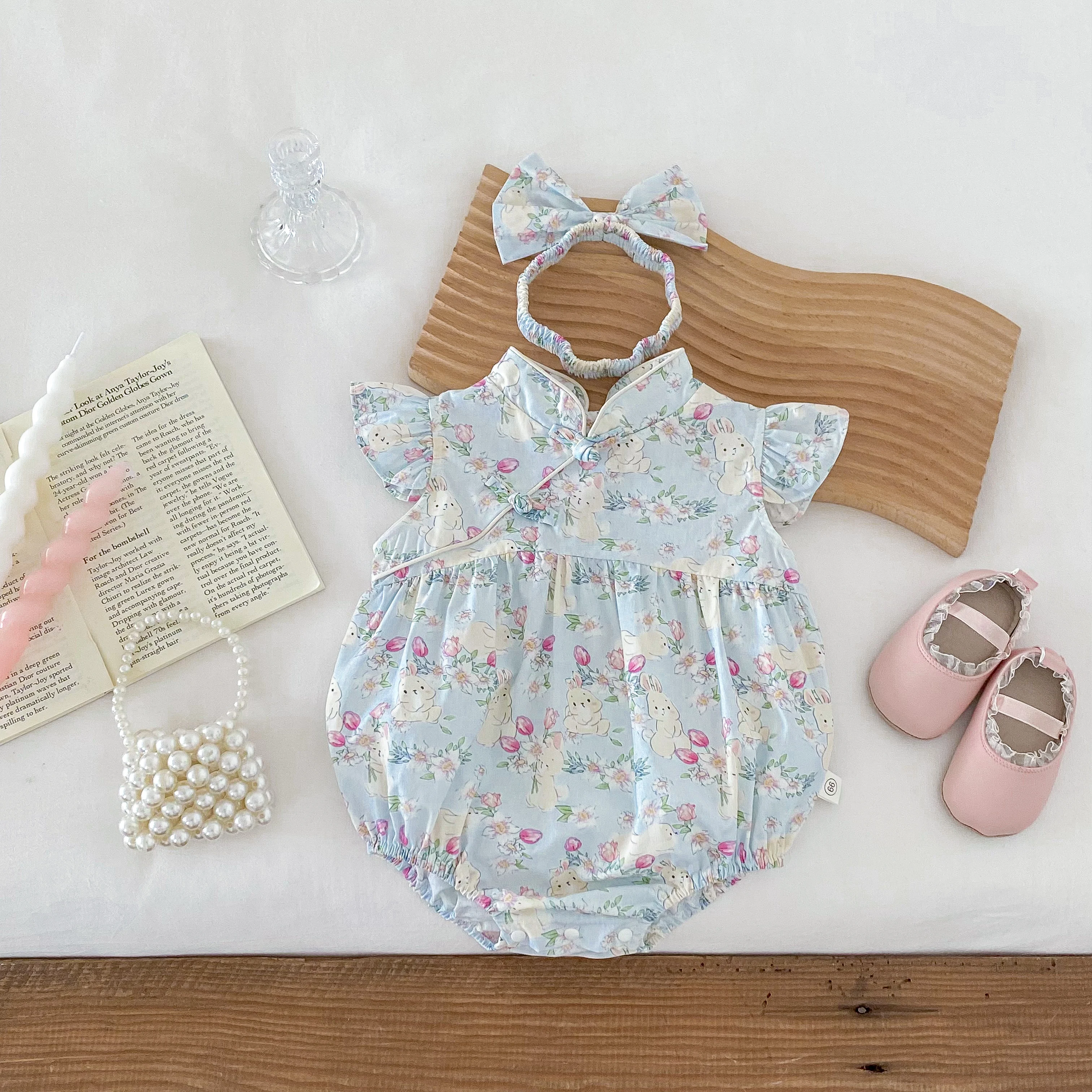 Chinese Style Baby Girls Floral Rabbit Print Pattern Bodysuits Summer Toddler Romper + Hair Band 0-2 Years Old Newborn Jumpsuit