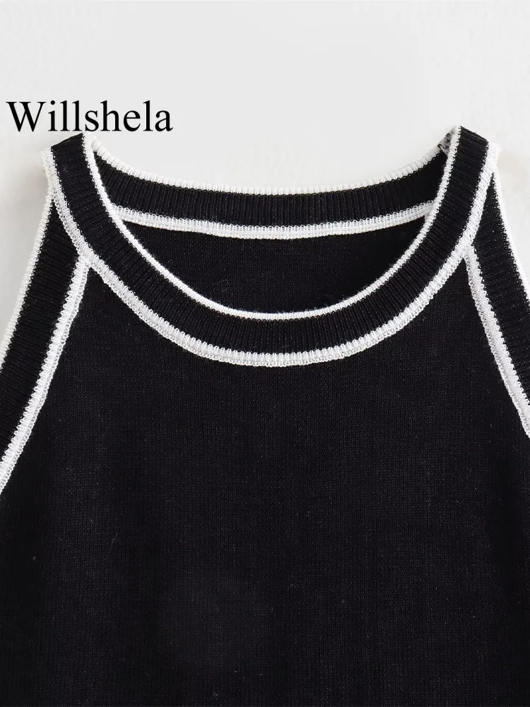 Willshela Women Fashion Black Knitted Sweater Vest Vintage O-Neck Sleeveless Female Chic Lady Tank Tops