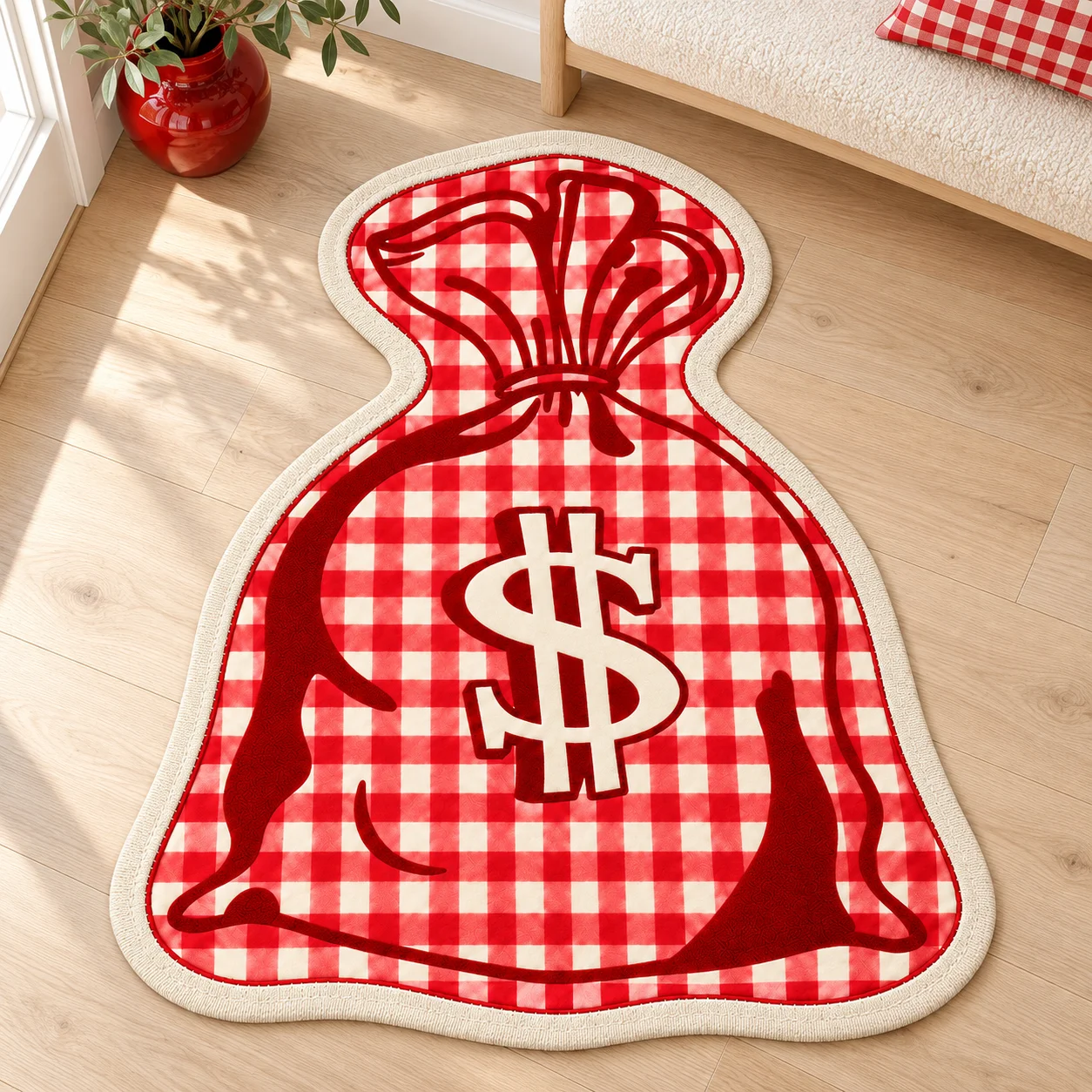 Christmas Red Gingham Money Bag Shaped Area Rug Flannel Floor Mat for Bedroom Living Room Entryway Home Decor Festival Gift