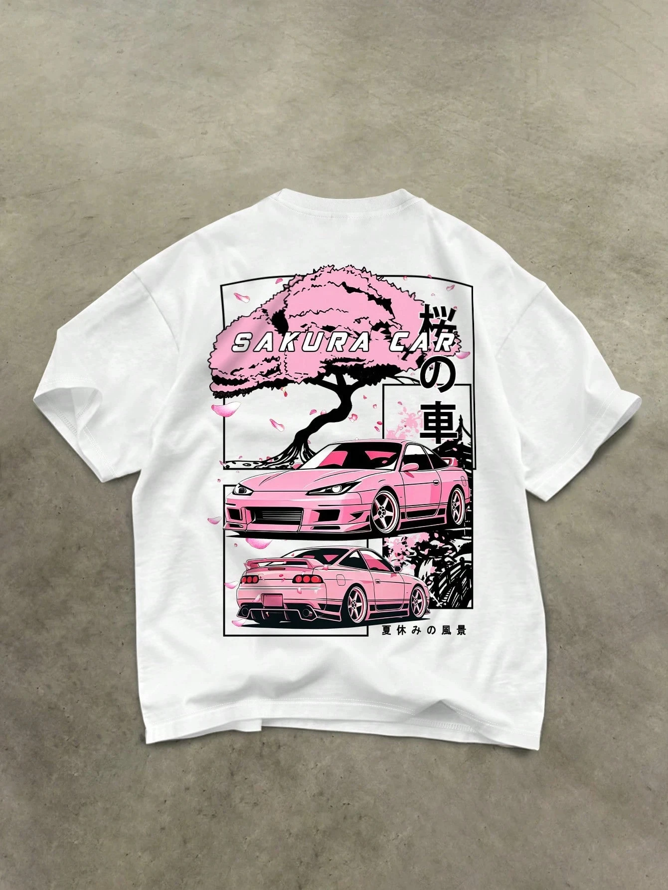 2026 New Family Matching T‑Shirt Japanese Sakura JDM Modified Car Anime Back Print Oversized Cotton Short