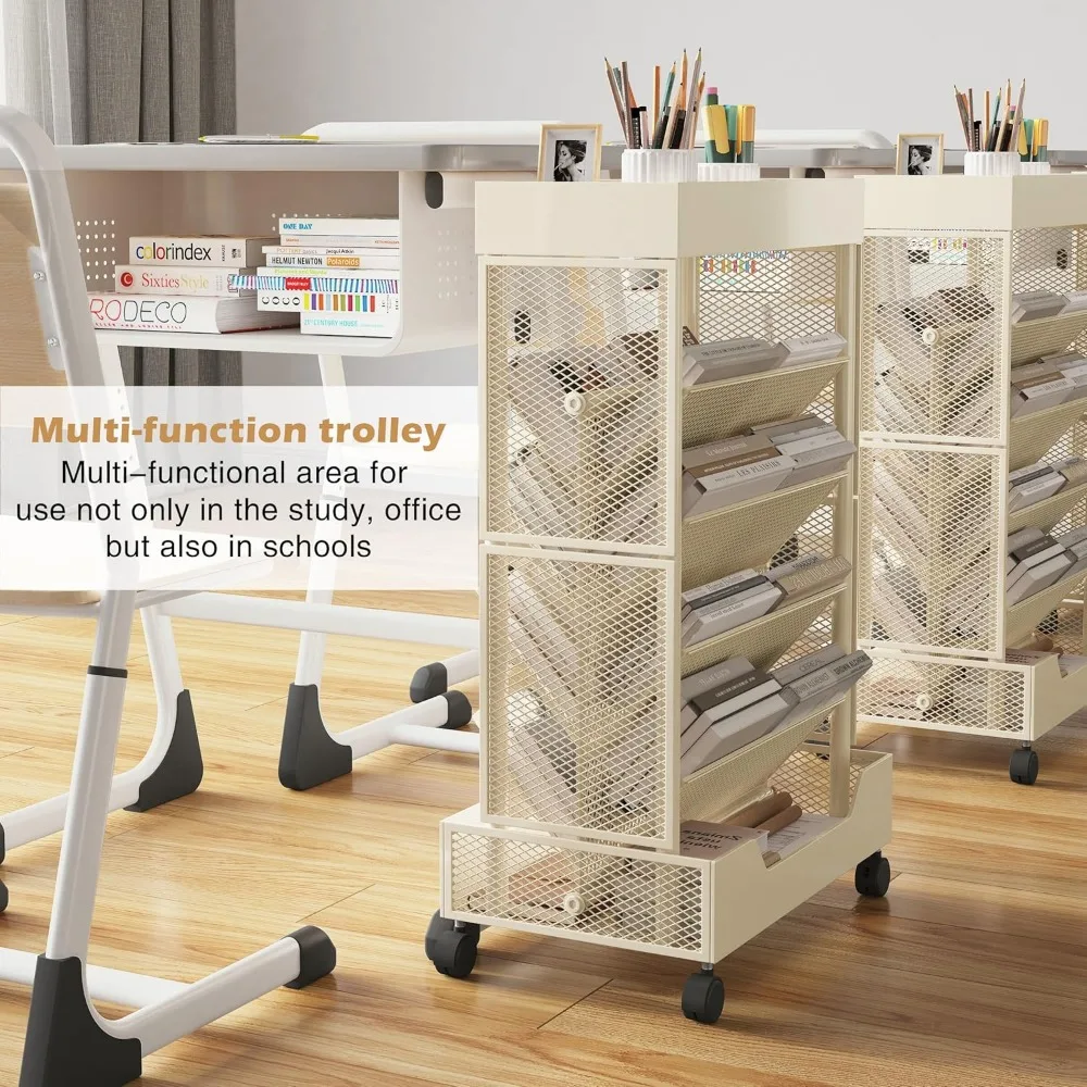 Book Cart with Wheels Mobile Bookshelf Rolling Bookshelf Organizer Bookcase Book Storage Rack, Book Movable Rolling Carts