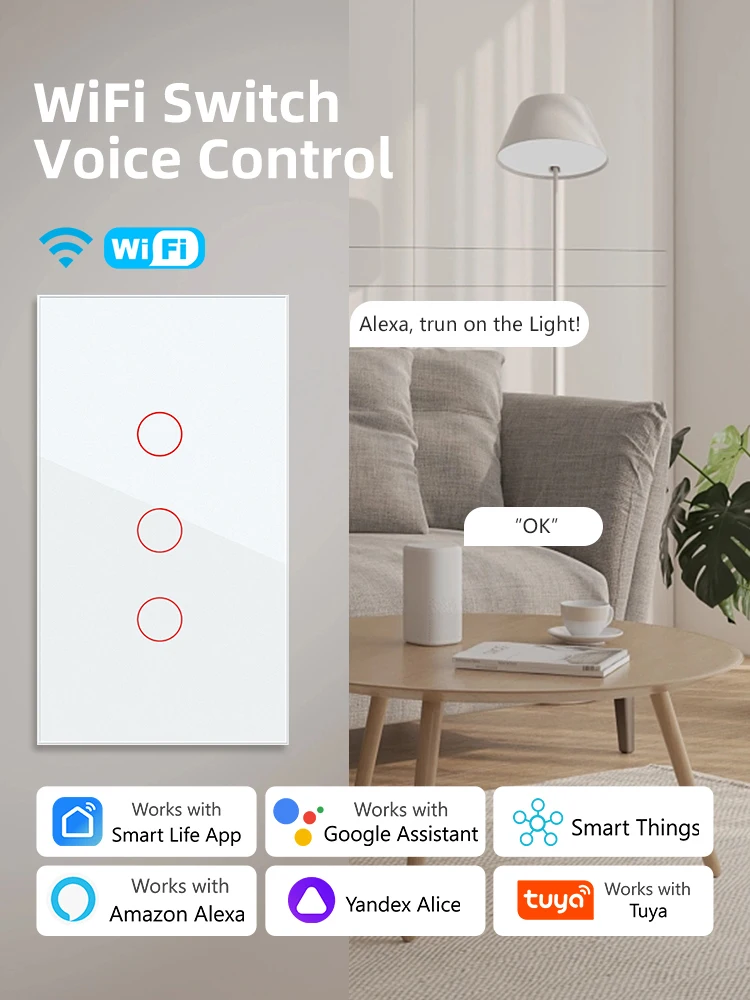 WiFi Smart Switch funktioniert mit Tuya Smart Life 600W Wandleuchte Touch-Schalter Timer-Zeitplan benötigt Neutralleiter Alexa Smart Home US