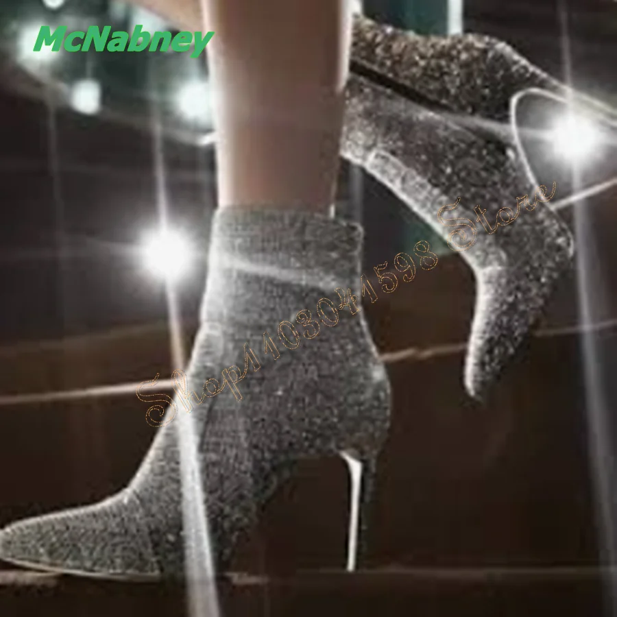 

Blingbling Crystal Rhinestone Ankle Boots Pointed Toe Stiletto Zip Women Boots Wedding Party Heels 2024 New Zapatos Para Mujere