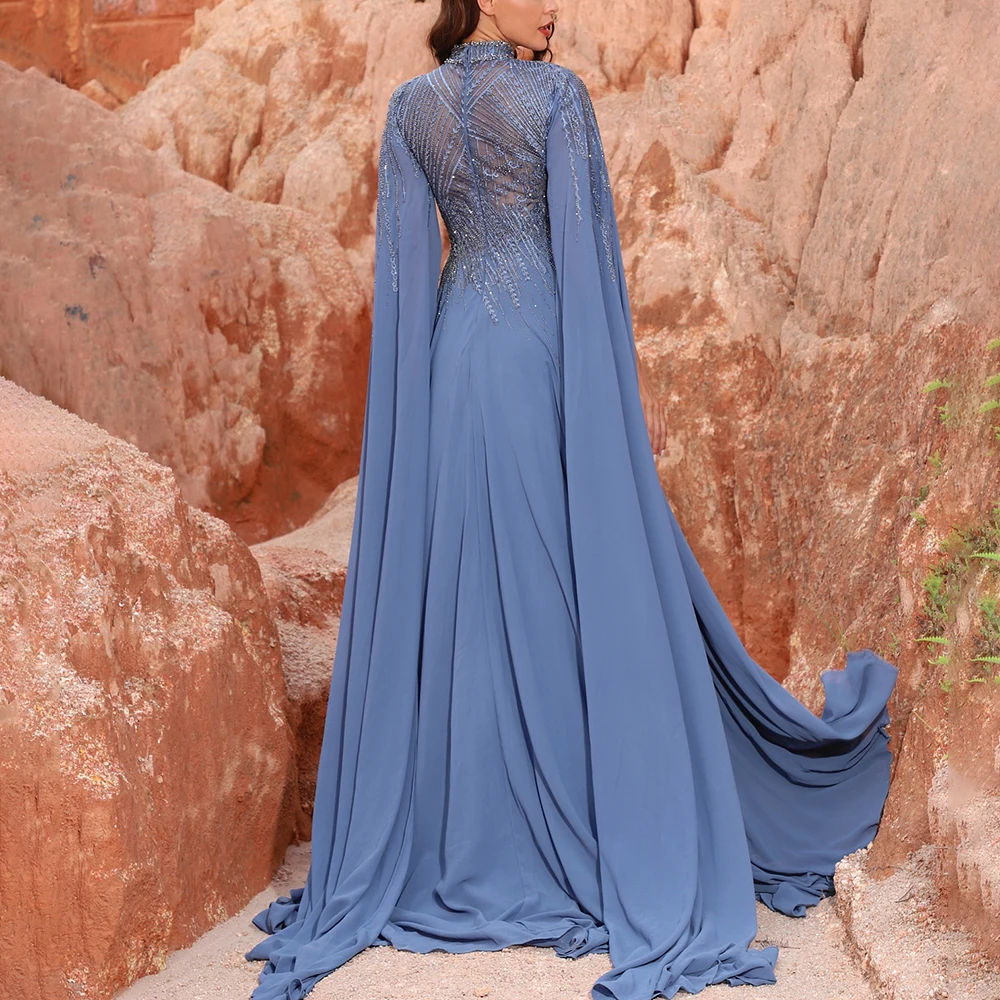 Women O Neck Plus Sizes Beaded Bodice A Line Chiffon Skirt Royal Blue Froaty Sleeve Arabic Modest Mother Of The Bride Dresses