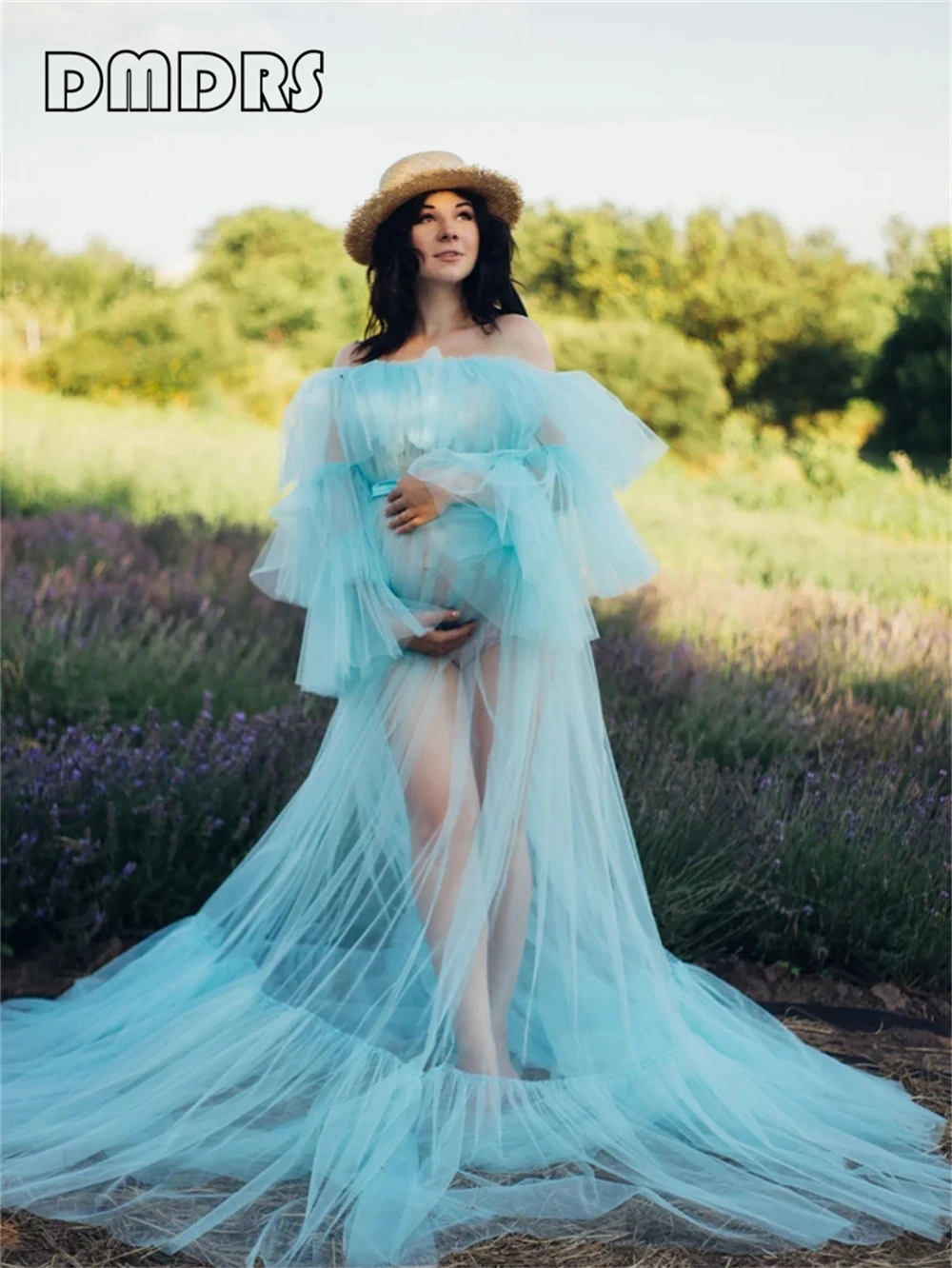 

Maternity Dress For Photo Shoot Off Shoulder Blue Tulle Dresses For Mother to Be Maxi Formal Dress With Train Custom Colors