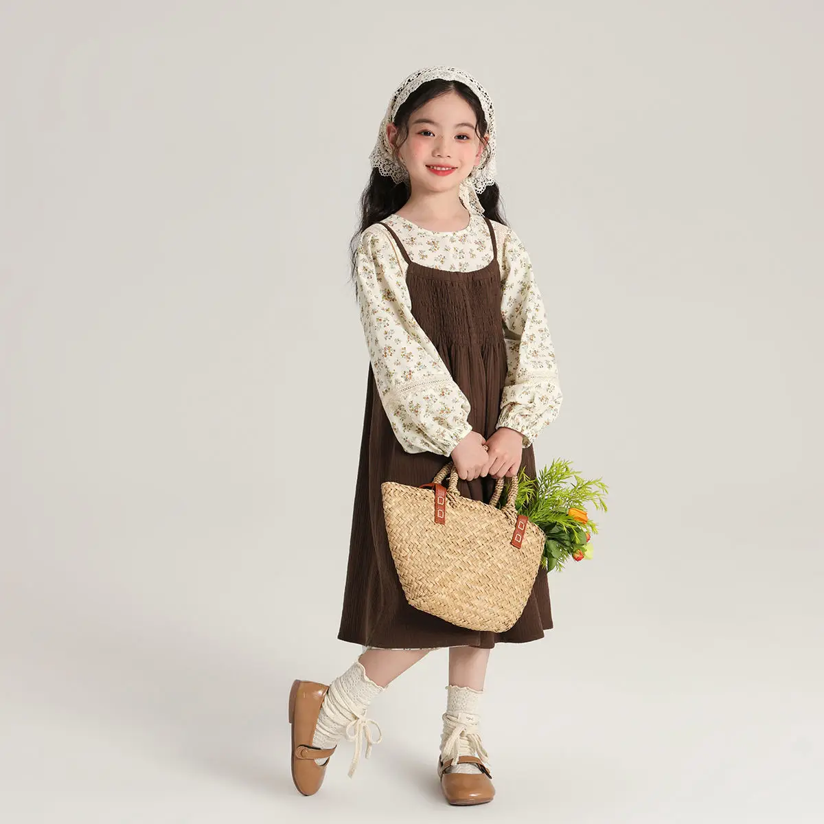 2025 Spring Autumn Collection New Children's Dress Strap Set Pretty and Elegant Girls' Dress Set Retro Strap