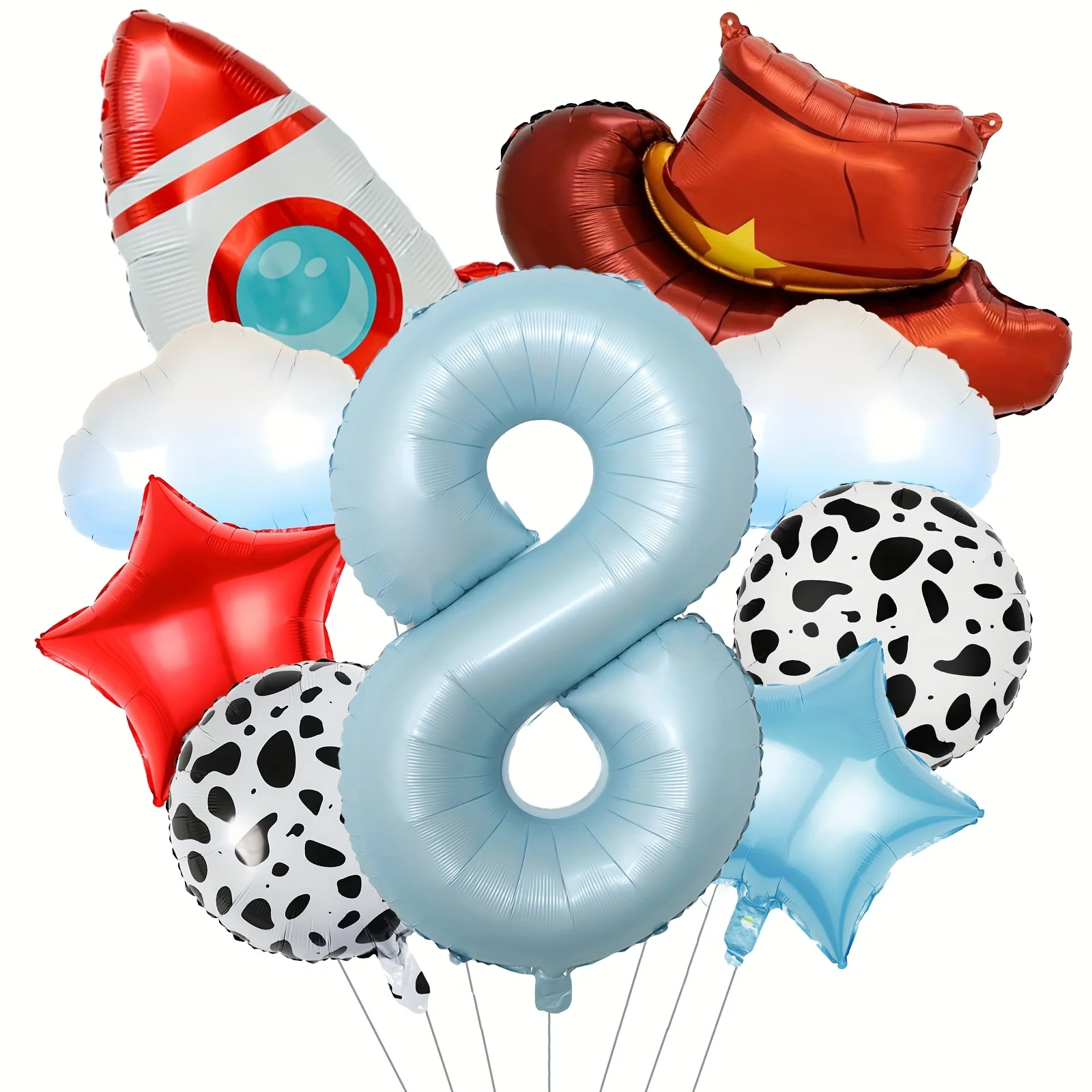 9-teiliges Wolken-Raketen-Cowboyhut-Ballonset mit Zahlen 1-9 für Geburtstag, Western-Party, Babyparty, Taufe, Hochzeitsfeier