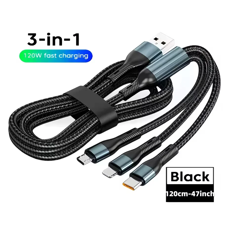 3 in 1 6A 120W Super Fast Charging USB Cable Multi‑Interface Data Wire Type‑C Micro USB For iPhone Samsung Xiaomi Huawei