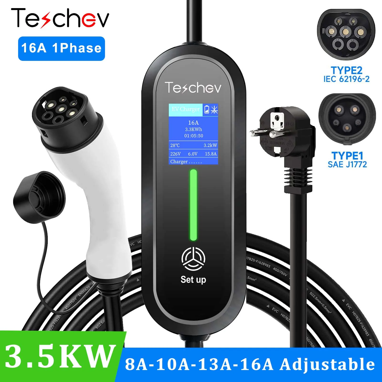 Teschev Portable EV Charger Type 2 16A 3.5KW Level 2 Electric Vehicle CEE Plug EVSE Charger Type1 Charger for Electric Car