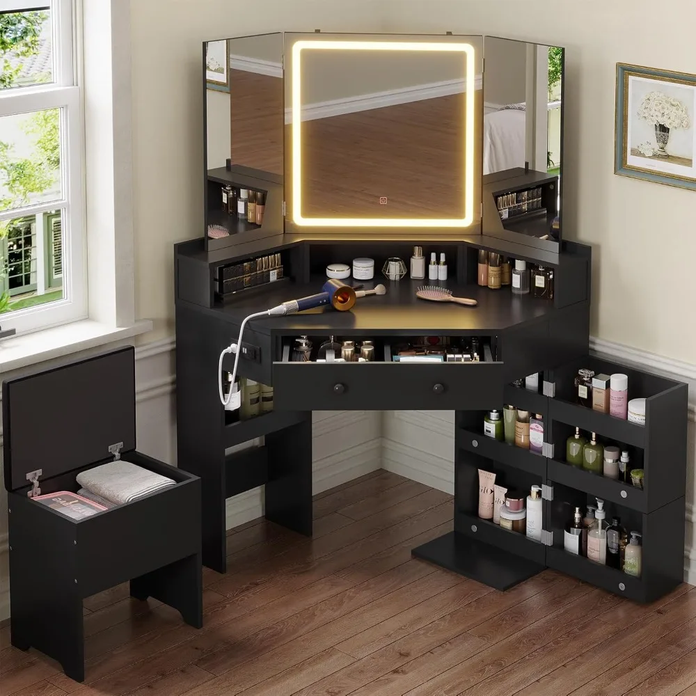 Corner Vanity Desk with Mirror and Lights, Power Outlet & Rotating Shelves, Makeup Vanities with Storage Bench,, Customized