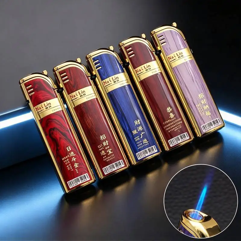 Imitation wood grain metal lighter, windproof blue jet flame, refillable butane gas lighter, men's gift, excluding butane gas