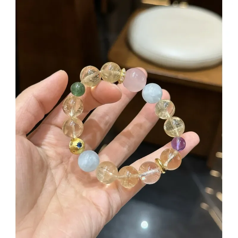 Natural lemon citrine, with amethyst aquamarine green strawberry powder crystal for further education crystal bracelet.