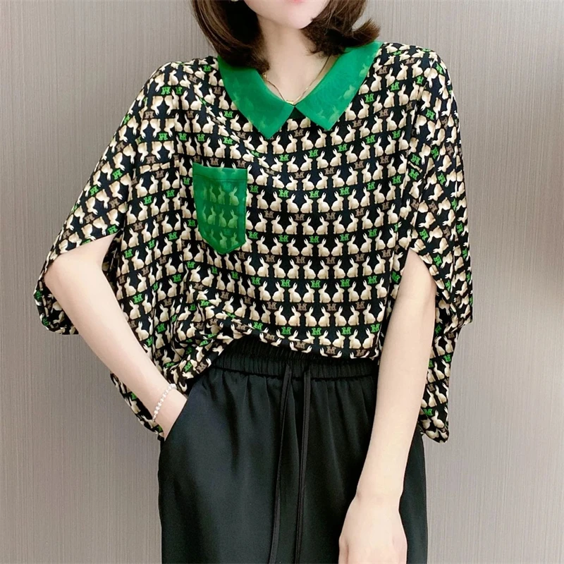 Women Vintage Stylish Print Patchwork Blouses Office Lady Oversized Bat Short Sleeve Shirts 2024 Summer Casual Chic Chiffon Tops