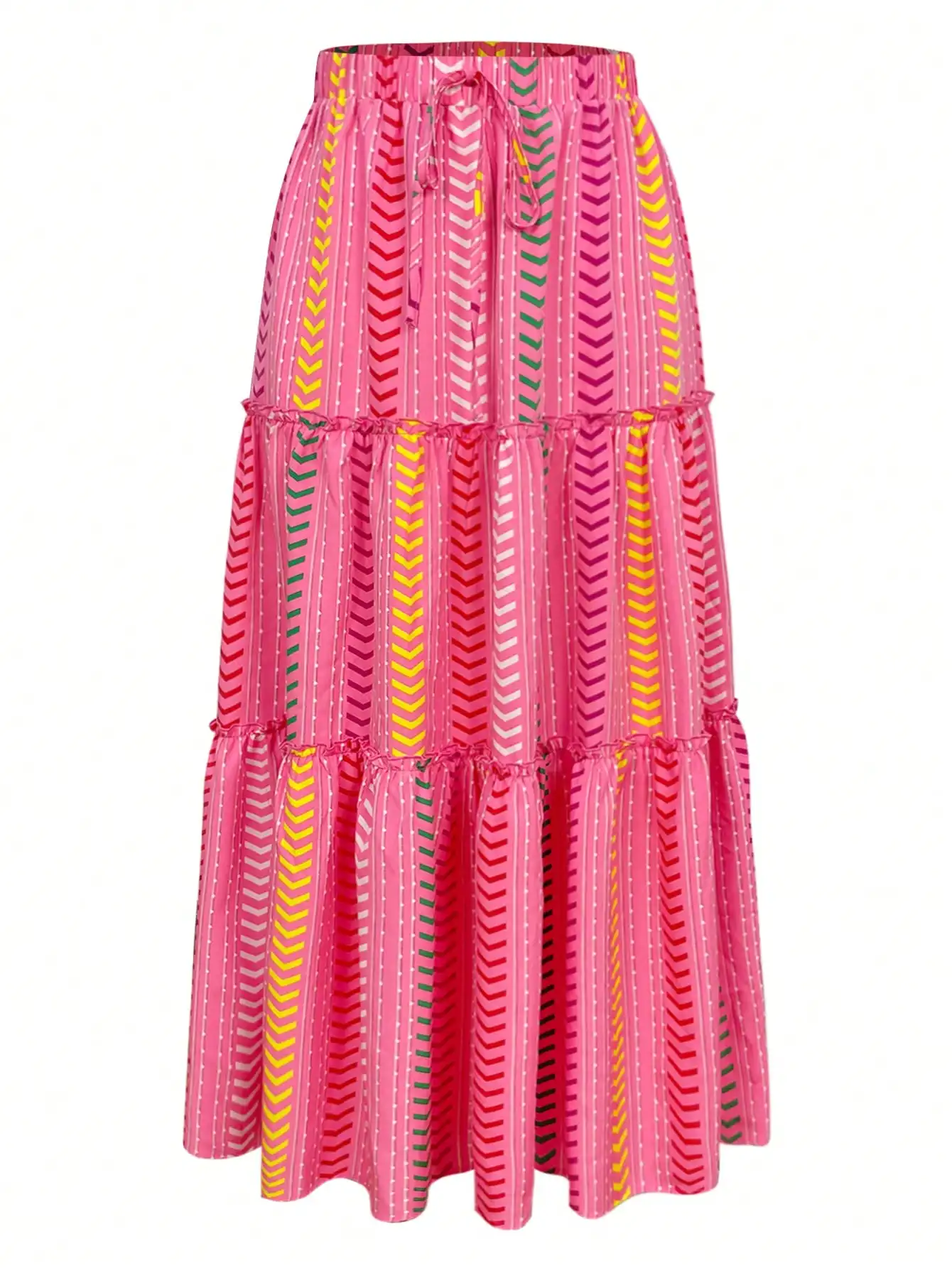 Womens Pink Geometric Print Tiered Maxi Skirt Elastic High Waist Ruffle Hem Boho Long Skirt Summer Beach Vacation Flowy