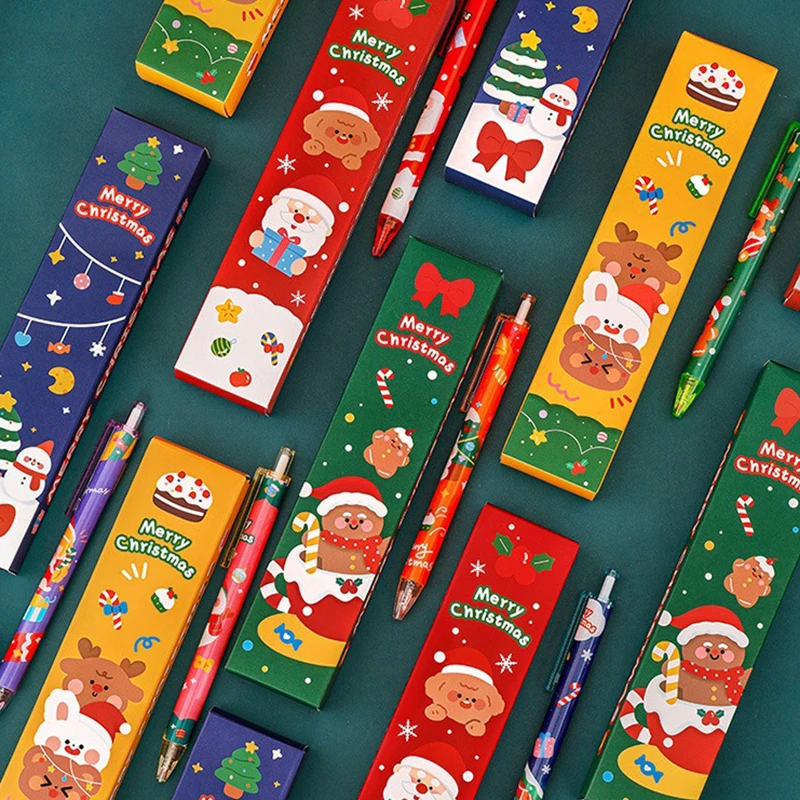 1 conjunto de canetas gel de natal dos desenhos animados homem de gengibre elk papai noel caixa cega caneta escola material de escritório bonito canetas de escrita