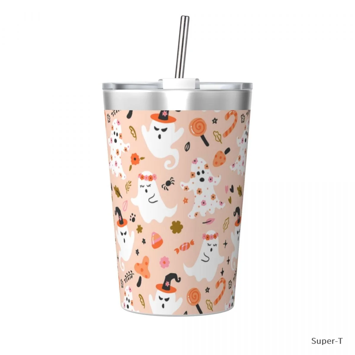 

Милая белая чашка-призрак с соломинкой, термос, бутылка для кофе, нержавеющая сталь, двухслойная изоляционная дорожная кружка для холодного и горячего кофе