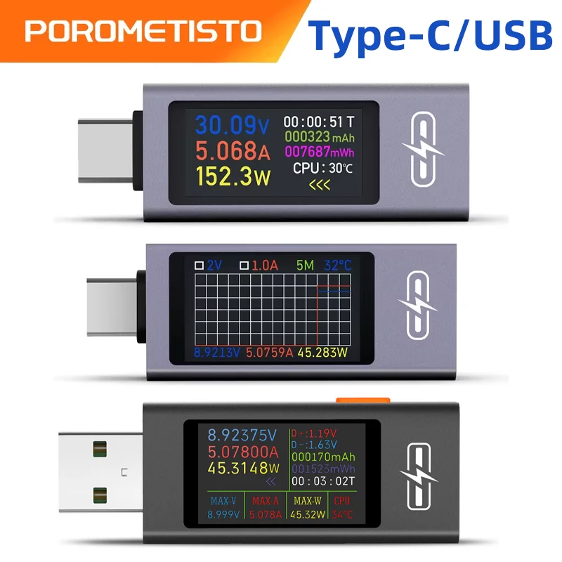 Type-C/USB Tester DC 4-30V Multi-function Digital Voltage Ammeter Power Meter Type-c Cell Phone Fast Charger Capacity Tester