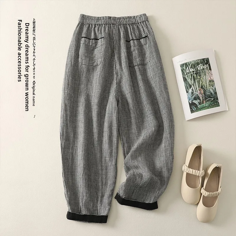 High Waist Straight Leg Harem Pants Women's plus Size Artistic Checkered Slimming Trousers Comfortable Cotton Casual Pants