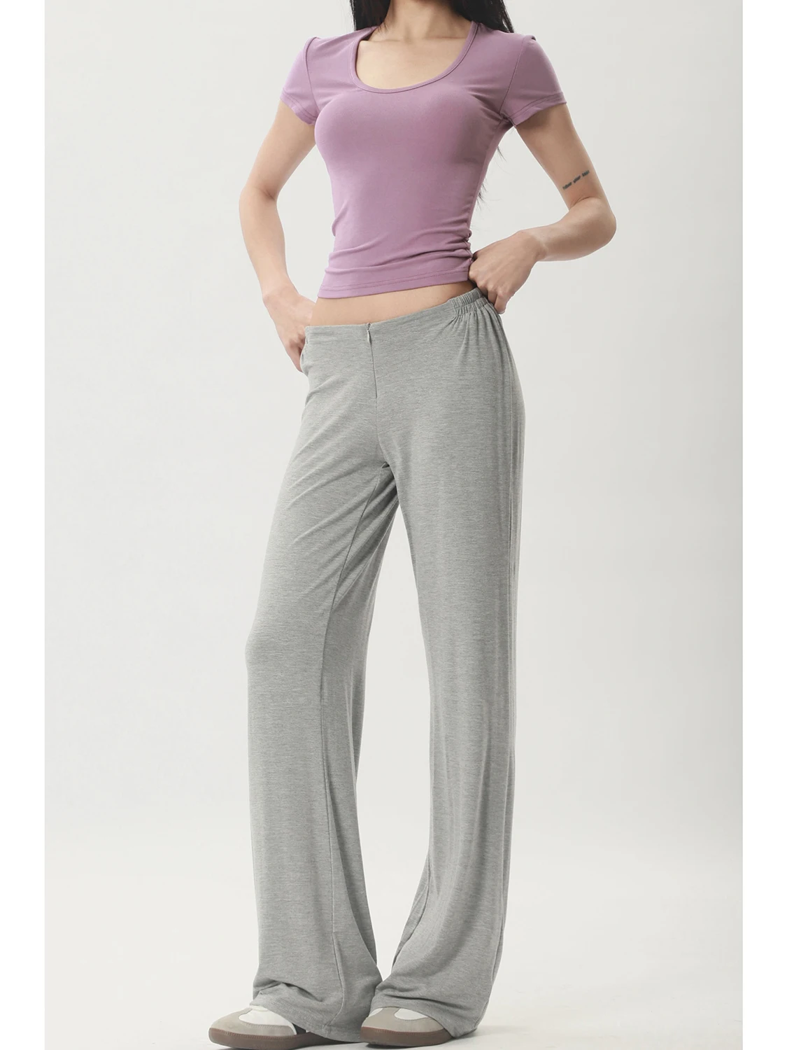 슬림 와이드 레그 팬츠 편안한 V 허리 지퍼 캐주얼 홈 요가 팬츠 여성용 봄 코튼 스트레이트 레그 바지